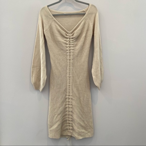 NIC & JO Sweater Dress Ribbed Off The Shoulder Ruched Front Mini Large - Picture 4 of 8